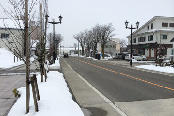 雪の残った歩道の街並み